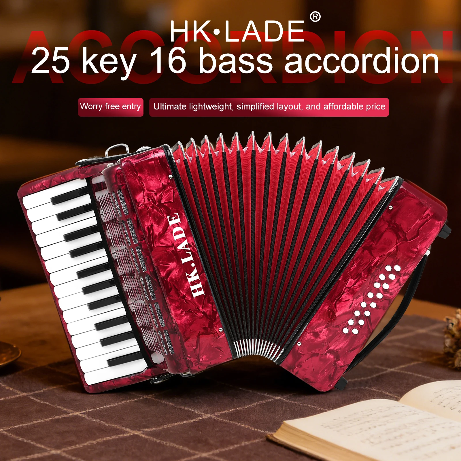 HK.LADE AH-320 25 Keys 16 Bass Accordion Professional Accordion with Bag Keyboard Instrument for Grading Performance/Teaching