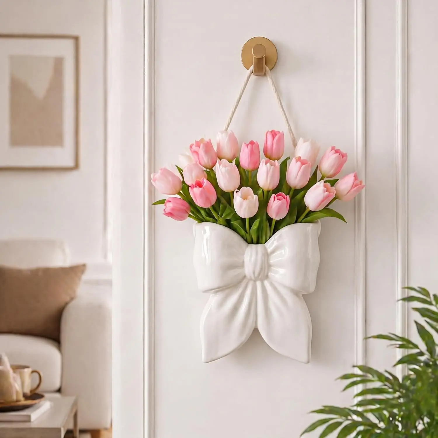 Ceramic Bow Wall Planter for Indoor Plants - Boho Decor with Leather Hanger, White