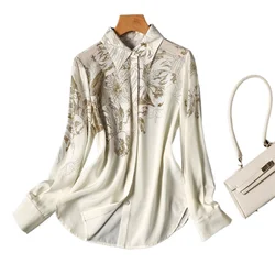 Satin Long Sleeve Women's Blouse Elegant Style Luxury Flower Print Button Tops with Graceful Design Spring Shirts