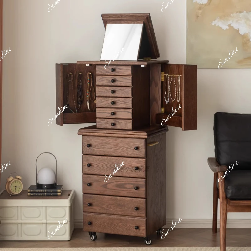 

French Second-hand Solid Wood Jewelry Cabinet Vertical Movable Multi-Functional Dresser Storage Multi-drawer