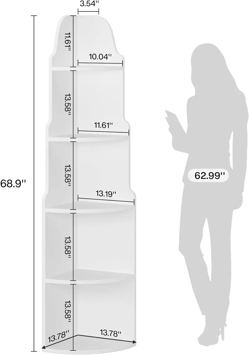 5-Tier Corner Shelf, 68.9-Inch Tall Modern White Corner Bookshelf, Free Standing Small Bookcase Plant Stand Storage Rack