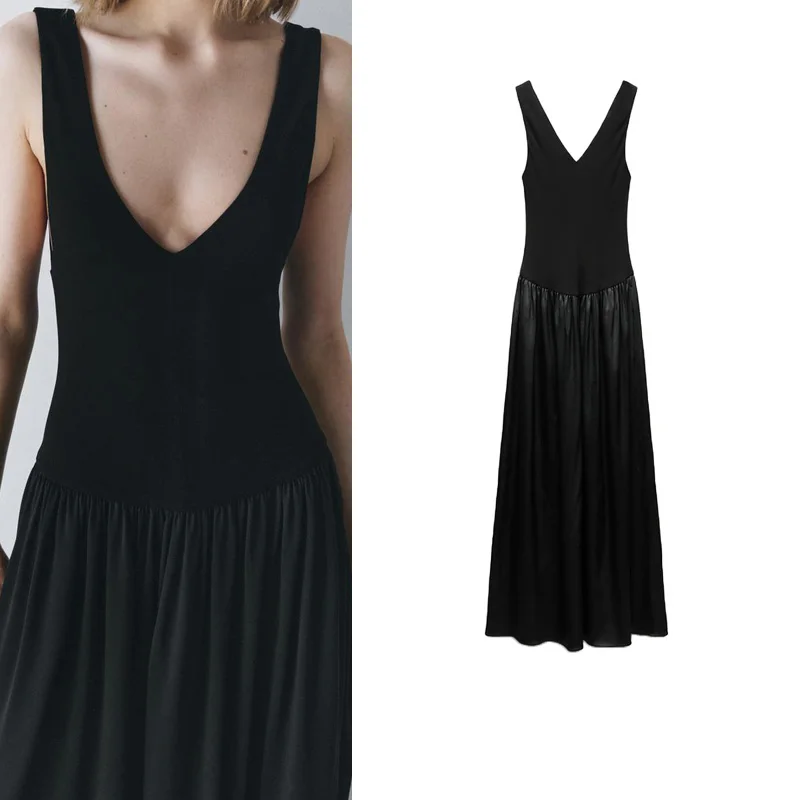 봄 신상 섹시한 딥 V 블랙 스플라이스 미디 드레스 긴 소매 없는 베스트 드레스 A라인 실루엣 U넥 여성용 드레스