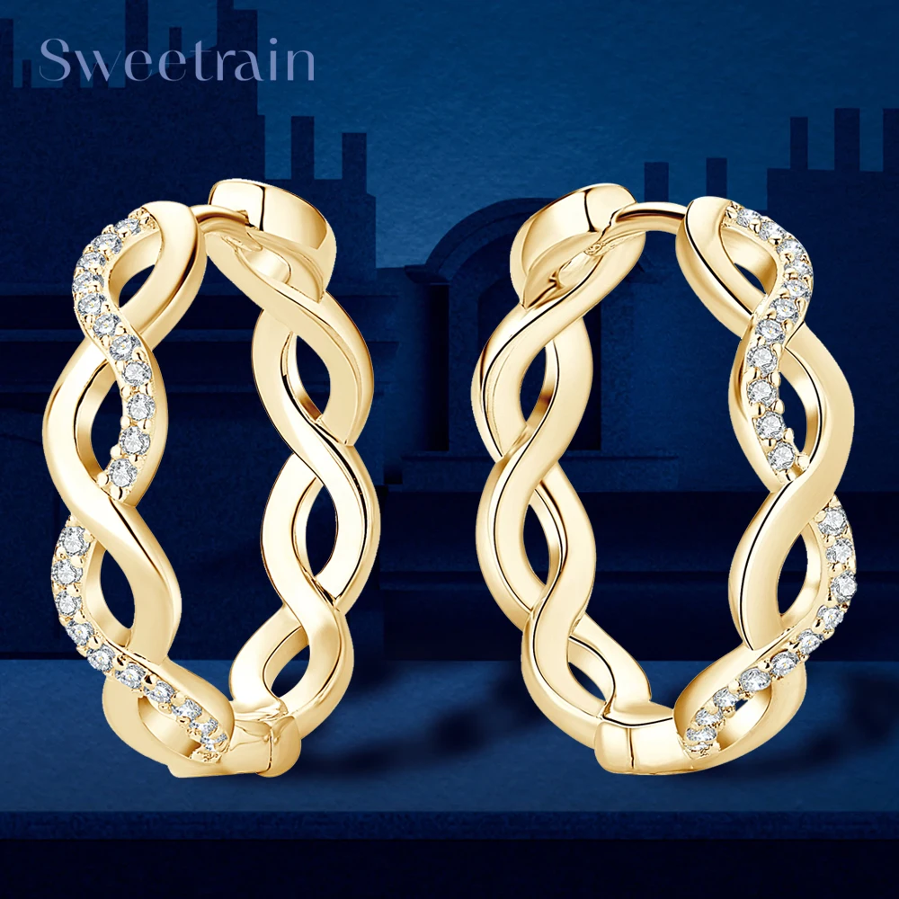 Sweetrain 18K Gold Plated 1mm Full Moissanite Twisted Hoop Earrings for Women 925 Sterling Silver Earring Wedding Party Jewelry