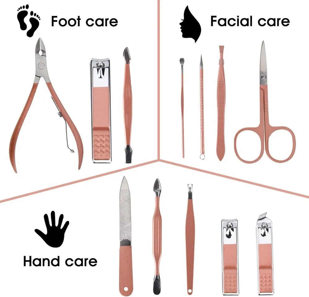 12-in-1 Rose Gold Manicure Set, Martensitic Stainless Steel, Pink Leather Bag, Portable for Home & Travel
