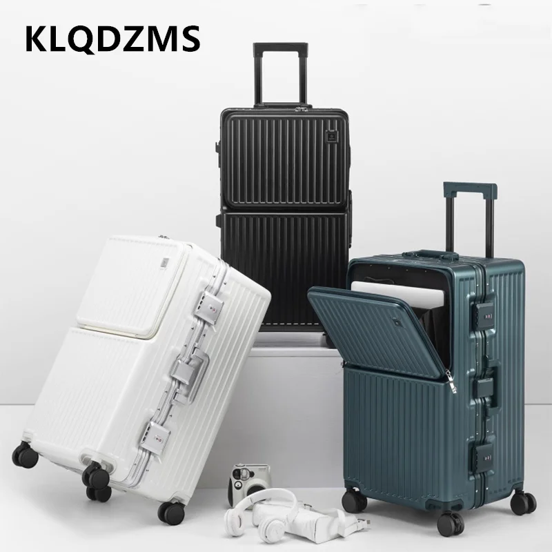 KLQDZMS USB Charging Suitcase Front Opening Aluminum Frame Trolley Case Large Capacity Password Box 26