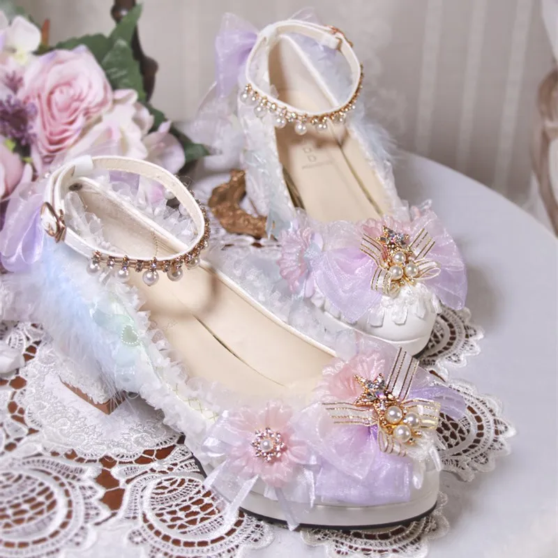 Customized Authentic One Night Story Lolita Shoes Original Versatile Tea Party Flower Wedding High Heels Rainbow Lolita Lo Shoes