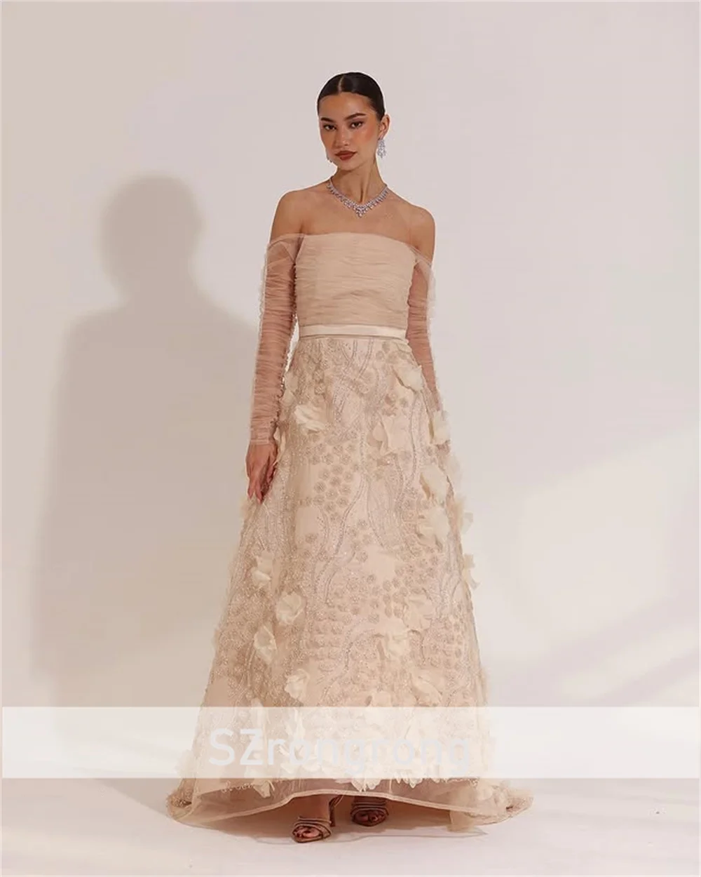 Anmutiges Brautjungfern-Partykleid mit U-Boot-Kragen, Tüll, Blumen-Pailletten, Spitze, A-Linie, bodenlang, Abendkleid mit Schnürung am Rücken, individuell gestaltet