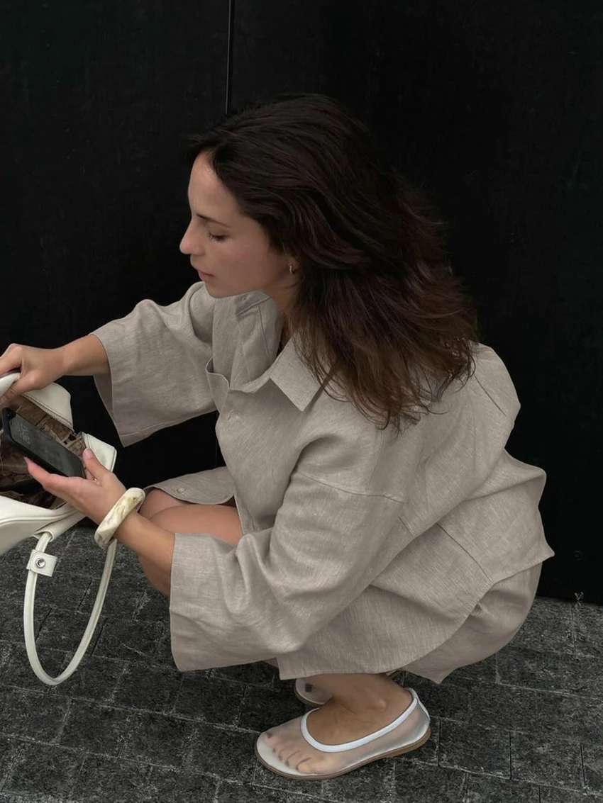 Marthaqiqi Loose Ladies Sleepwear Suit Long Sleeve Nightgowns Turn-Down Collar Nightwear Shorts Casual Female Pajama 2 Piece Set