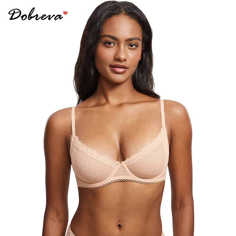 

DOBREVA Women's Lace Bra Sexy See Through Balconette Sheer Mesh Demi Plus Size Push Up Underwire Unlined Transparent Lingerie