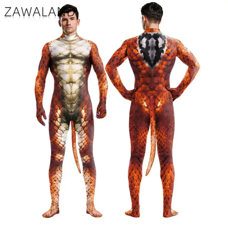 Zawaland Snake Costume with Tail Halloween Cosplay Petsuit for Man Crotch Zipper Carnival Catsuit Holiday Zentai Bodysuit Outfit