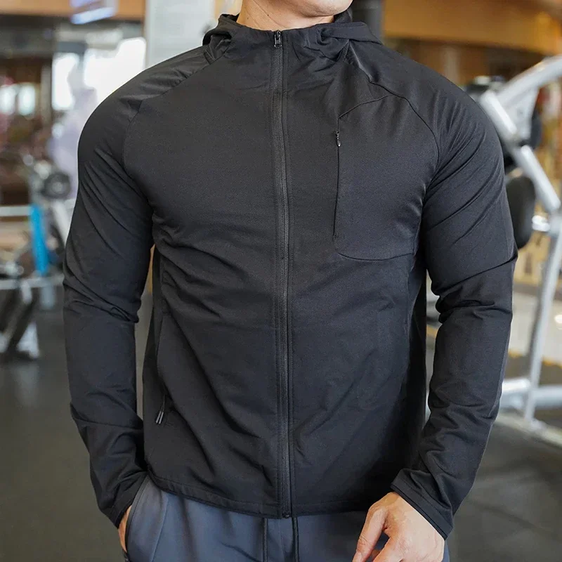 High Quality Nylon Sport Coat Mens Gym Fitness Hoodies Outdoor Workout Tops Hooded Training Running Zipped Jacket Clothes