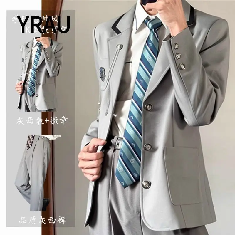 Men Japanese College Style DK Uniform Two Piece Set Blazer And Trousers For Spring Autumn School Daily Wear