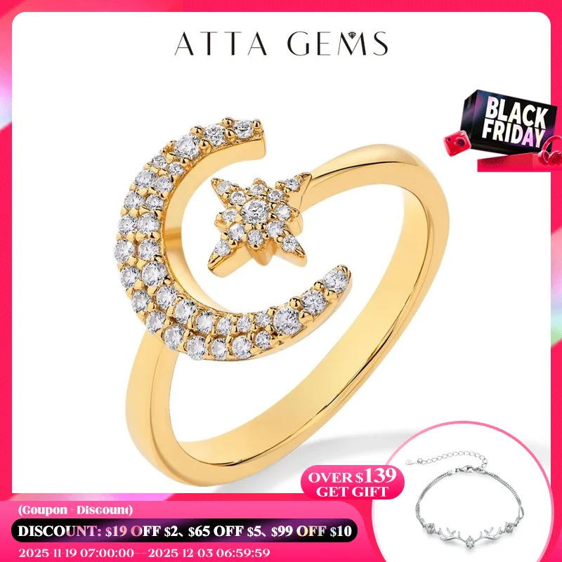 

ATTAGEMS полноцветное бриллиантовое кольцо VVS1 с муассанитом для женщин, однотонное, 14 к, 18 К, желтое золото, в форме Луны, роскошное оформление