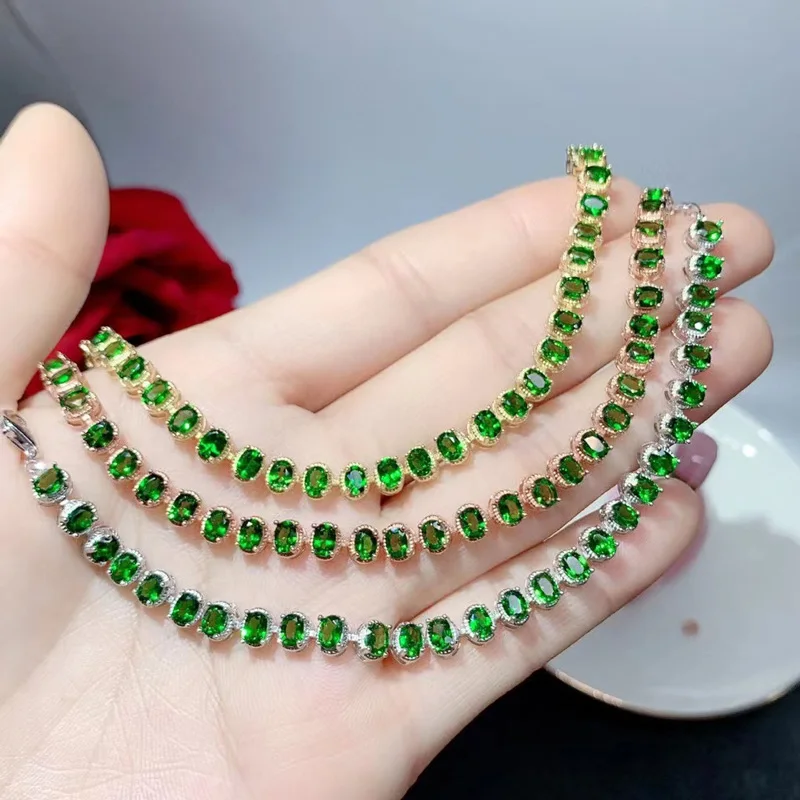 28 Pieces Total 4.2ct Natural Diopside Bracelet 3mm*4mm VVS Grade Chrome Diopside Silver Bracelet with 3 Layers Gold Plating