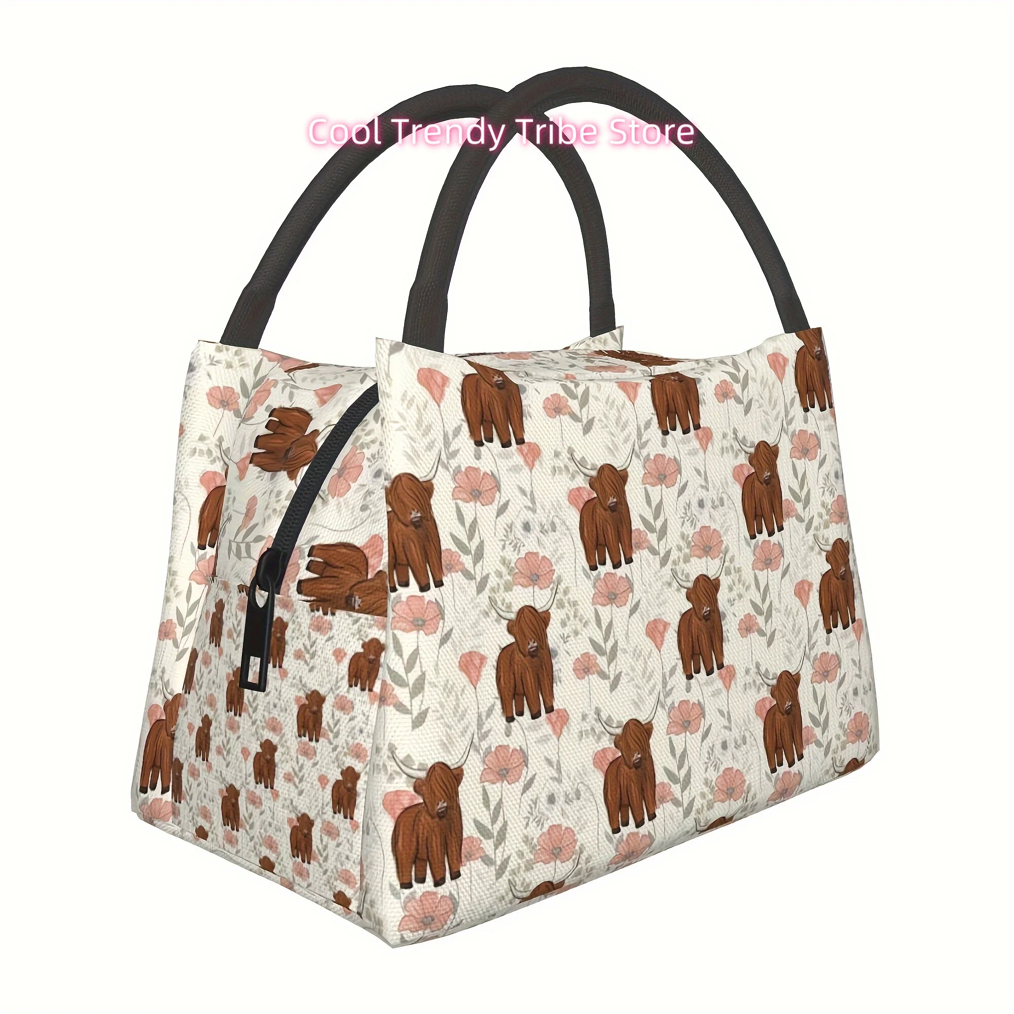 [Hand Washable Lunch Bag] Polyester Hand Washable Lunch Bag with Animal Cow & Floral Pattern - Portable Reusable Insulated Lunch