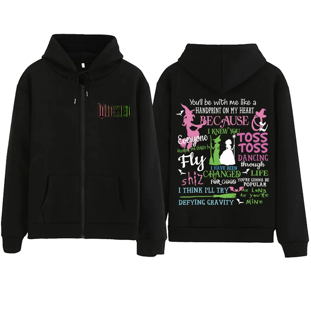 Wicked Movie Zipper Hoodie Women Men Long Sleeve Streetwear New Musical Sweatshirt Tops