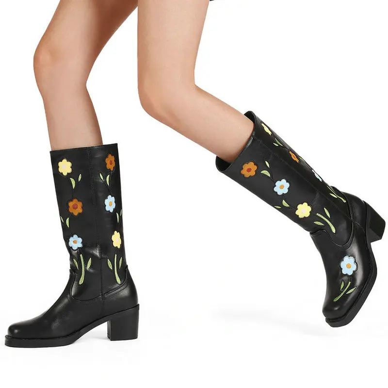 2025, Herbst-Winter-Damen-Stiefel mit mittlerer Wade, PU-Leder, runder Zehenbereich, quadratischer Absatz, Slip-On, modische Blumen, Damen-Wadenstiefel, Schwarz, Weiß