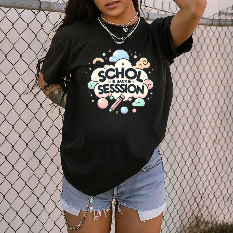 

School Is Back in Session Graphic T Shirt Cute Colorful Cartoon Print Oversized Casual Tee for Teachers Students Women Men