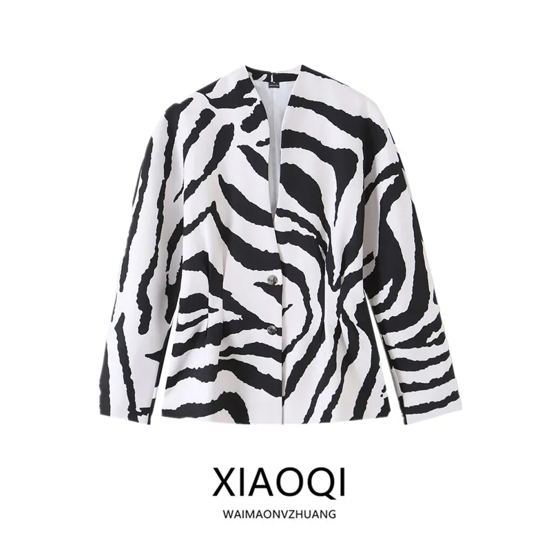 Loose Zebra Print Stand Collar Suit Jacket Women's Fashion Design Autumn New Arrival Casual Short Outerwear 2026