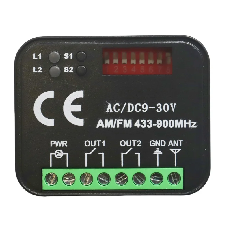 Universal  Receiver 2 Channel Remote Control Various Brands Frequency 433 or 900 MHz 12-30 V AC/DC Fixed/Rolling Code