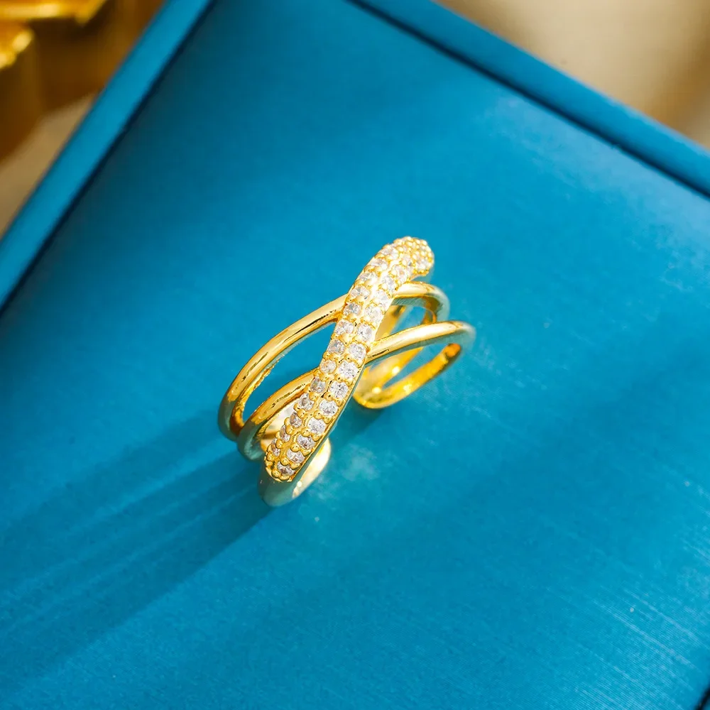 Популярное новое кольцо с геометрическим рисунком цепочки из циркона, легкая роскошь 18K с регулируемым отверстием