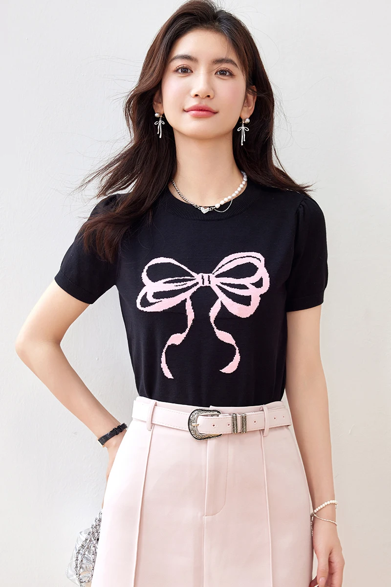 Summer Pullovrs Knitted Sweaters for Women Short Sleeve Black Tops Knitwears Casual Basics Jersey Mujer Korean Fashion Style