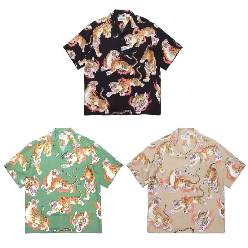 WACK Hawaii Beach Shirts Men Woman Fire Ring Tiger Totem Casual Loose Quick Drying Lapel Tops Tee