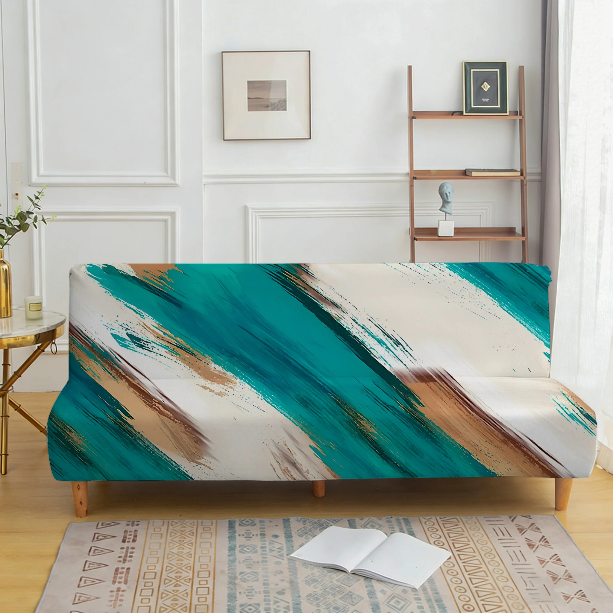 All-inclusive elastic sofa bedspread, lake blue brush stroke oil painting sofa bedspread, easy to install and machine washable