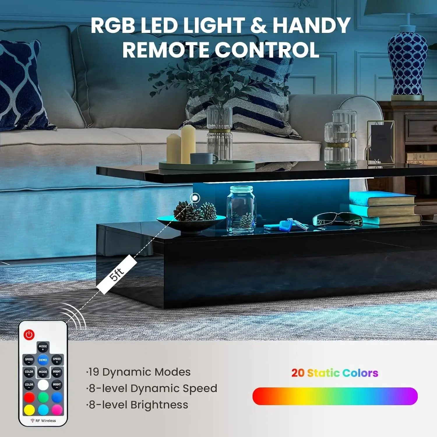 LED Coffee Table, Modern High Gloss Coffee Table w/ 20-Color LED Lights, Adjustable Speed & Brightness, Remote Control