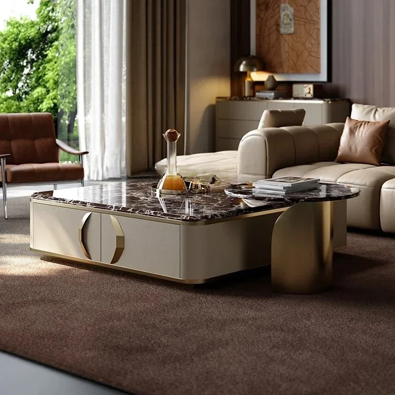

A26 Natural marble coffee table TV cabinet combination, retro, square coffee table