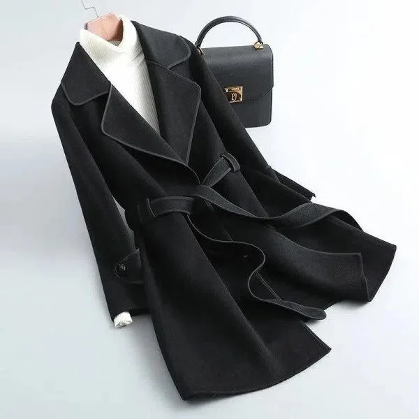 

Trench Long Coat Woman Collection Glossy Latest Block Edge Color-Block Stripe Abrigo Feel Dye Waistband Long-Sleeve