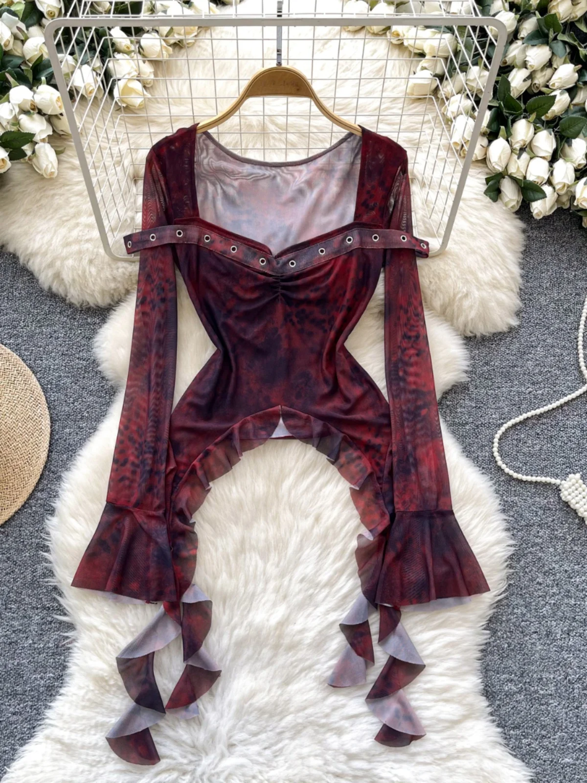 Slimming Design Trendy Women's Printed Bell Sleeve Shirt Autumn Fashion Street Style Loose Fit Long Sleeve Commute Style Kore...