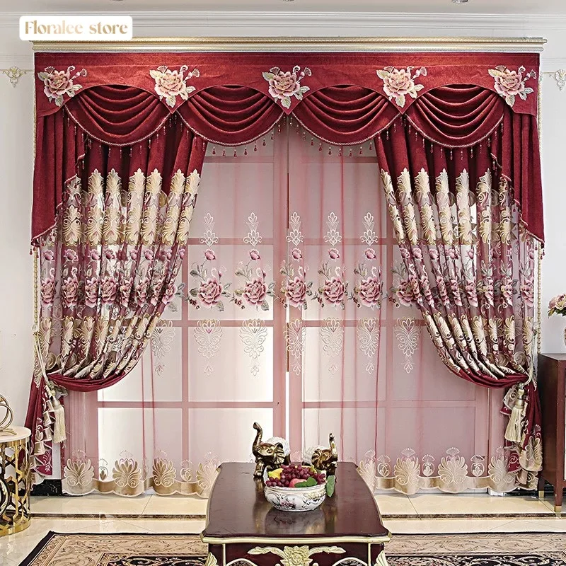 Luxury Red Blackout Curtains for Living Room and Bedroom Embroidery Valance Luxury Window Drapes for Villa Sheer Tulle