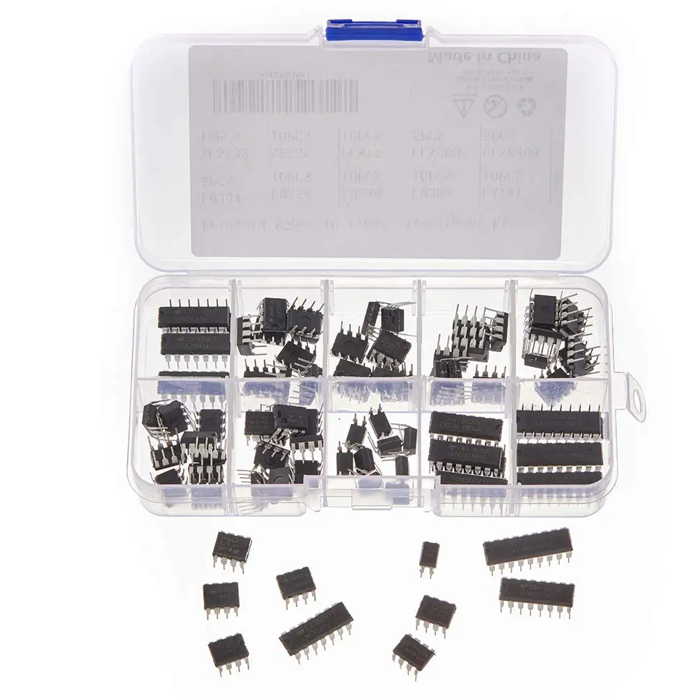 Image of 85-teiliges Sortiment mit 10 Arten von integrierten Schaltkreisen, Operationsverstärker, Einzelpräzisionstimer, PWM, einschließlich LM324, LM358, LM386, LM393
