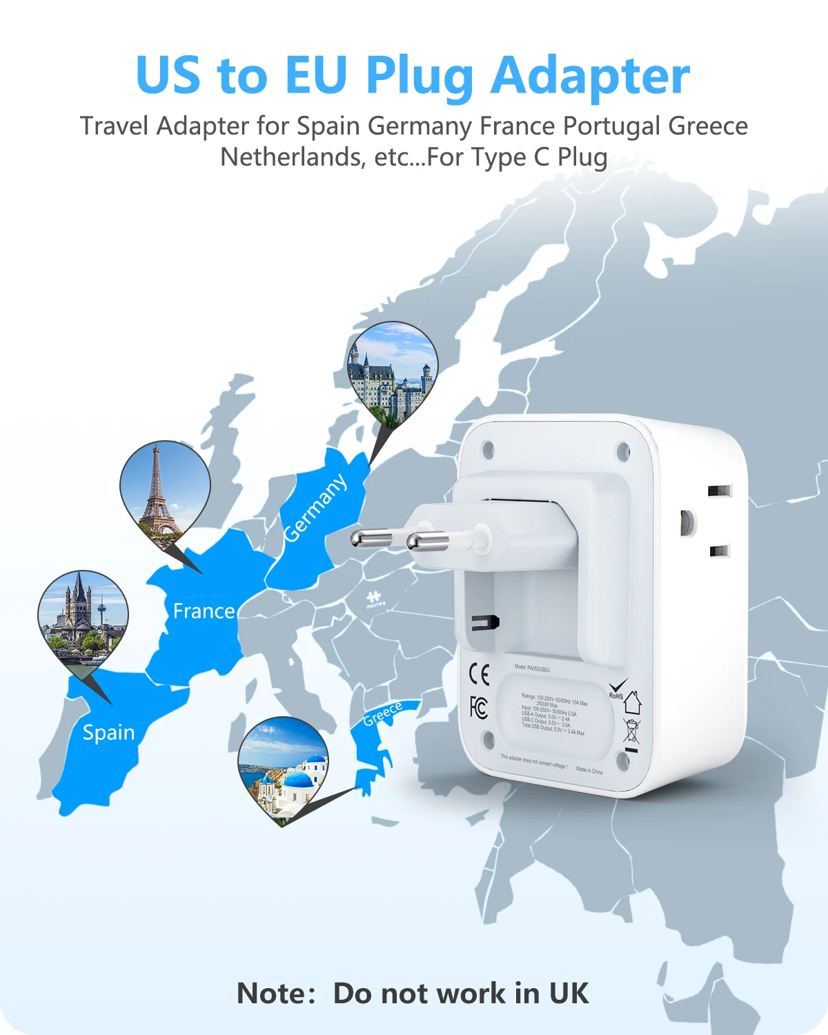 LENCENT US to EU Travel Adapter International Type-C Foldable Power Plug with 4 Outlets+2USB-A+2USB-C  5V/3A European Travel