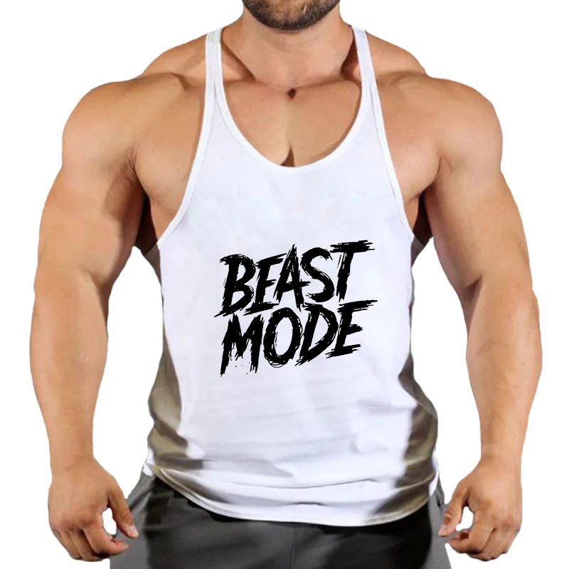 Beast Mode Graphic Stringer Tank Tops for Men Cotton Athletic Y-Back Vest Workout Fitness Bodybuilding Sleeveless T-Shirts Tees