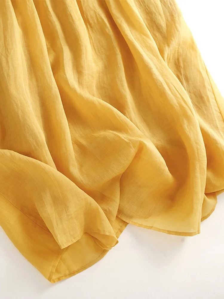 Women's Loose Svel Cotton Linen Dr Skirt A-Line Summer Long DrAccordion Pleat Wide Hemline Artistic Sle