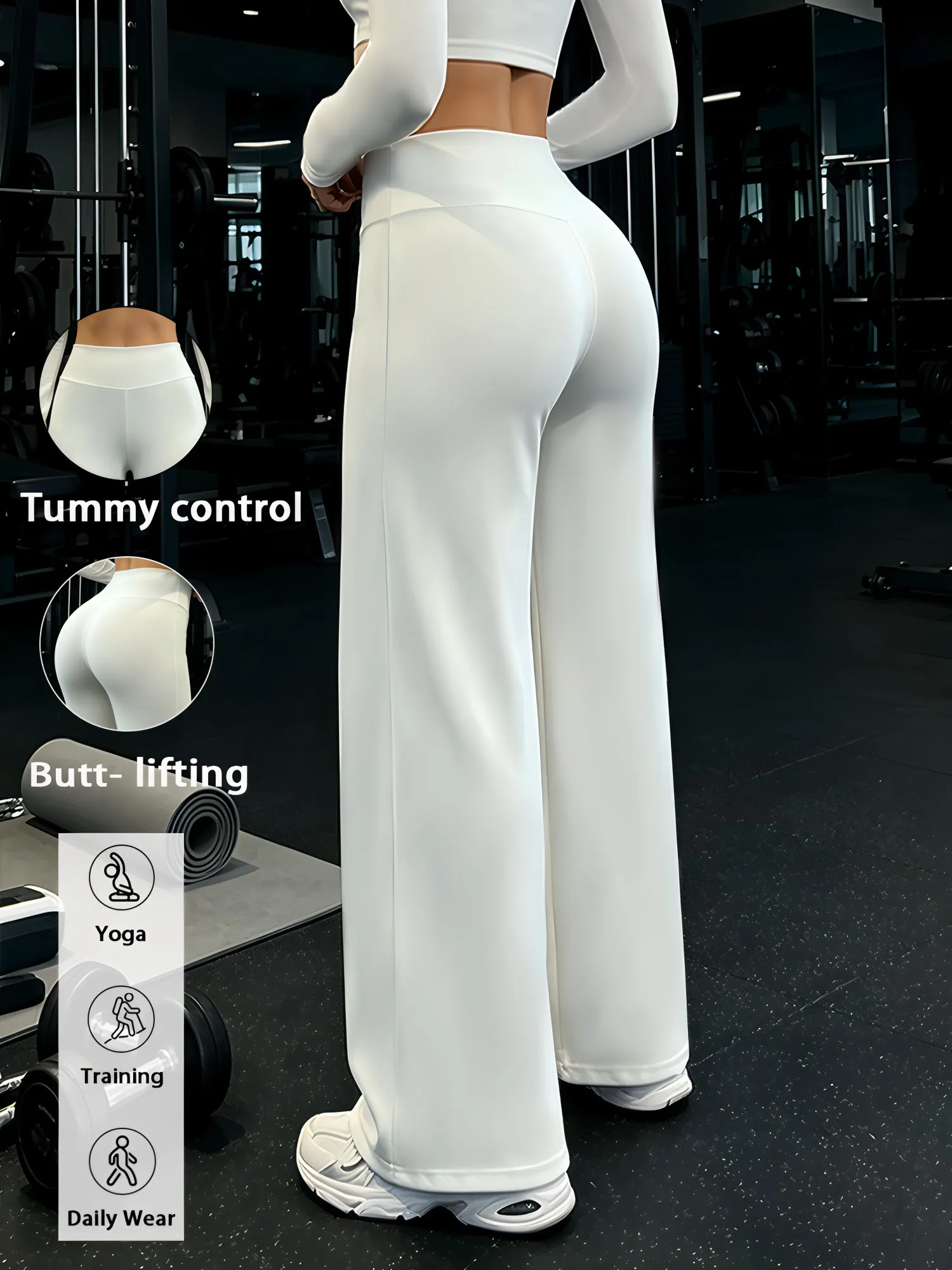 New White High-Waisted Yoga Wide-Leg Trousers for Women, Made of Elastic Fabric, Running, Exercise and Fitness Casual Loose Spor