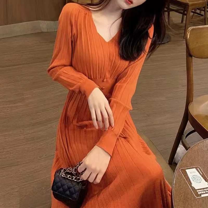 Women Long Dress Spring Autumn Mujer Solid Full Sleeve V-neck Casual Chiffon Dresses Muslim Solid Loose Dresses E1649