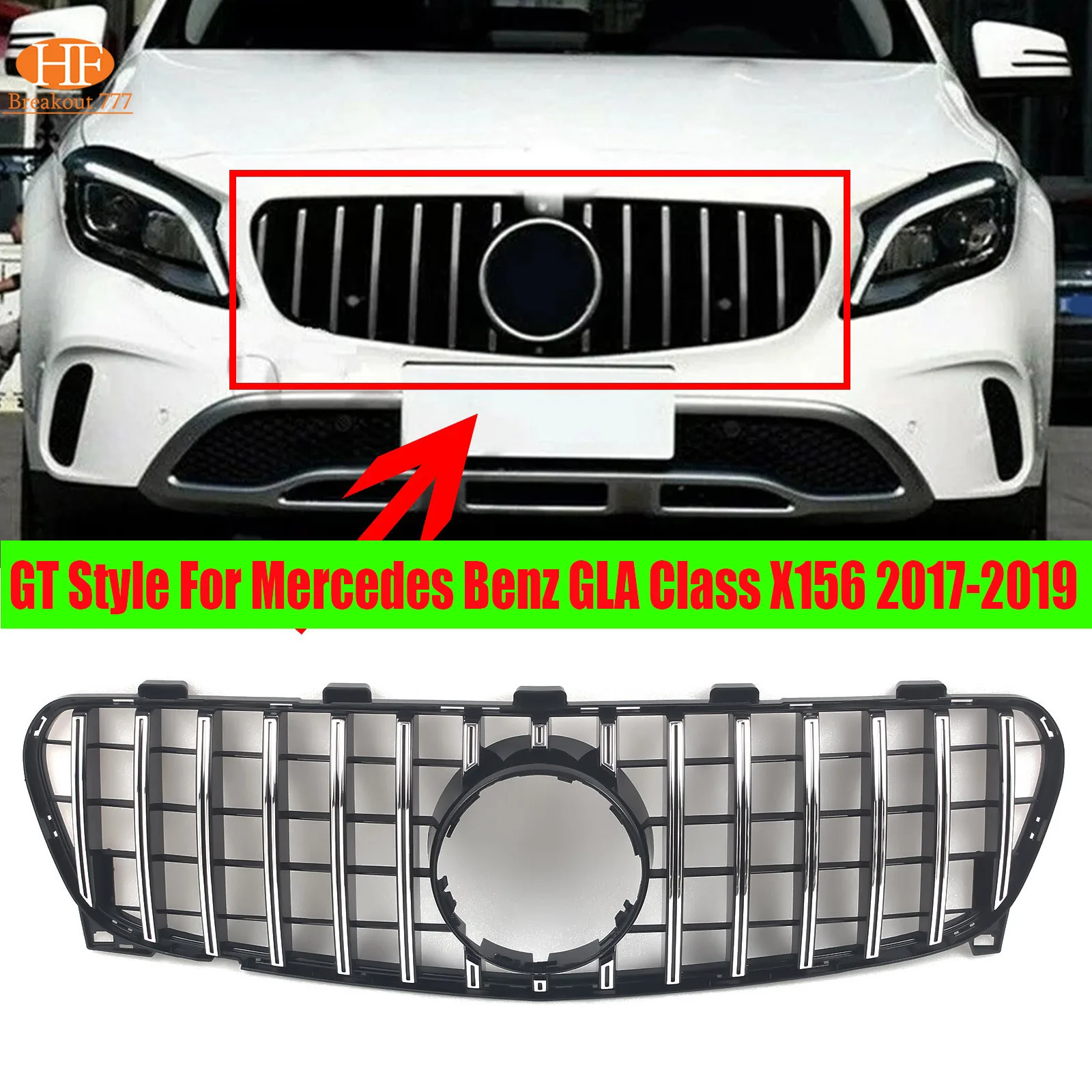 

Car Front Bumper Upper Grille Racing Grill GT Style For Mercedes Benz GLA Class X156 2017-2019