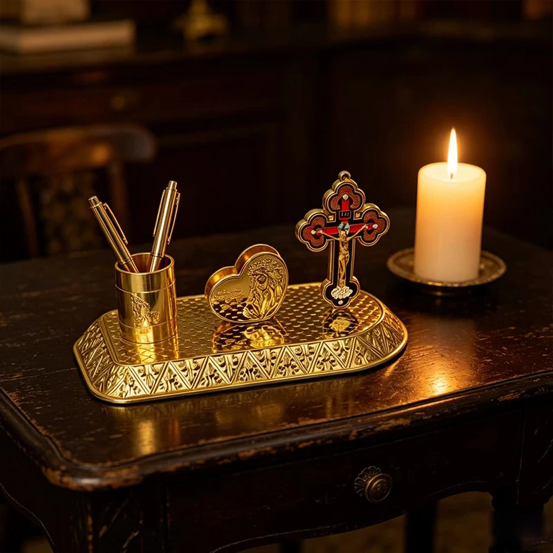 

Byzantine Gold Religious Orthodox Gift Set with Saint Benedict Crucifix for Home Altar Church Prayer Christian Decor Accessory