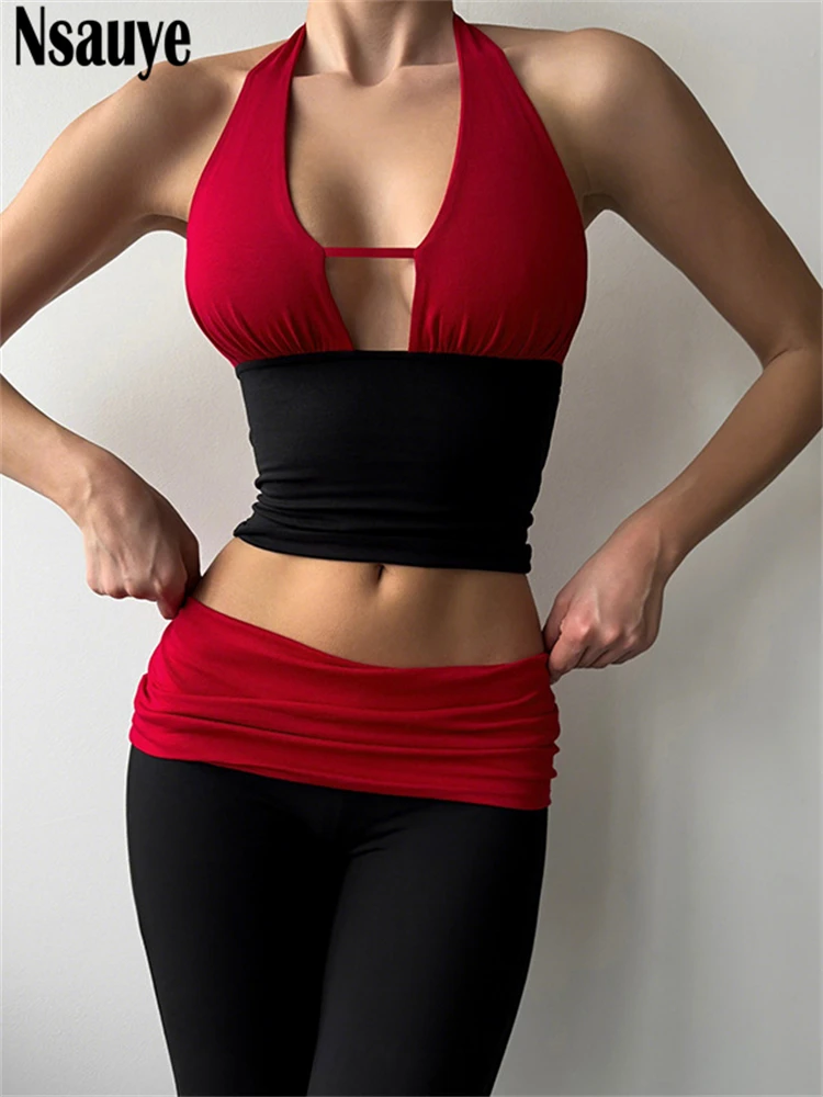 

Nsauye Women Mini Halter Skinny Y2K Fashion Crop Tops Sexy Streetwear Long Bodycon Pants Casual Summer Tracksuit Two Piece Set