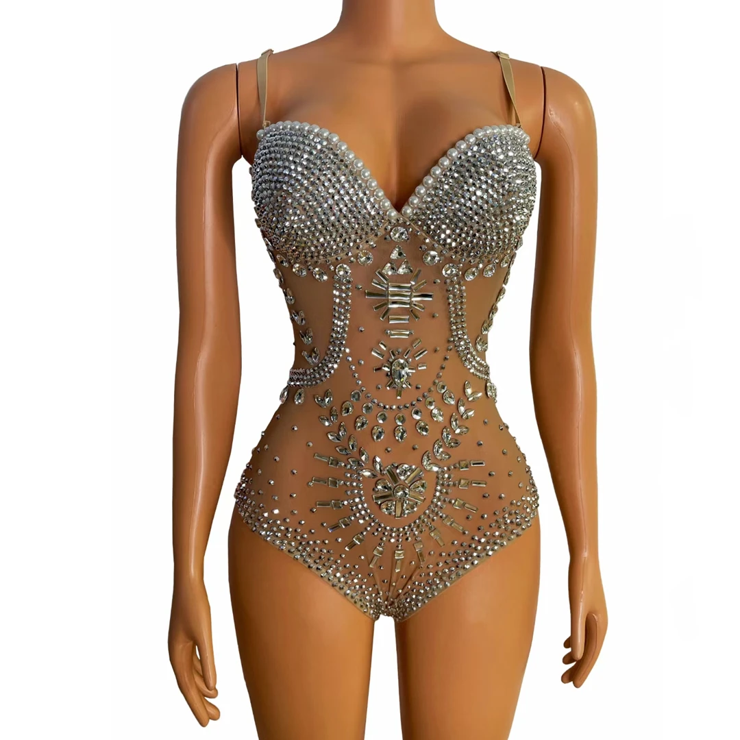 

Sexy Spaghetti Strap Pearls Rhinestone Leotard Women See Through Crystal Pole Dance Leotard Singer Stage Costume Club Playsuits