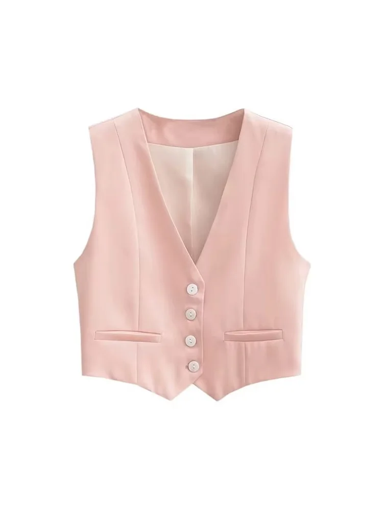 TRZA femmes mode boutons avant gilet court Vintage col en V sans manches vêtements de dessus pour femmes Chic hauts