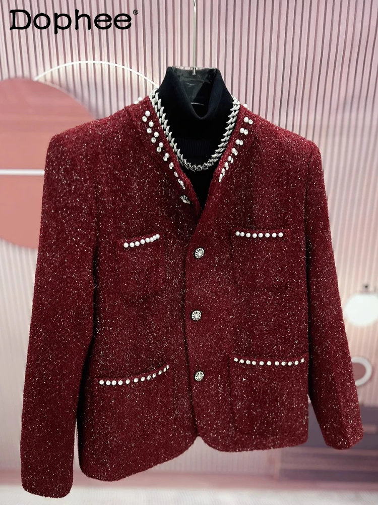 

Light Luxury Small Fragrant Coats Men's 2025 Spring New Fashion Solid Color Loose High Street Bead Diamond Jackets Short Tops