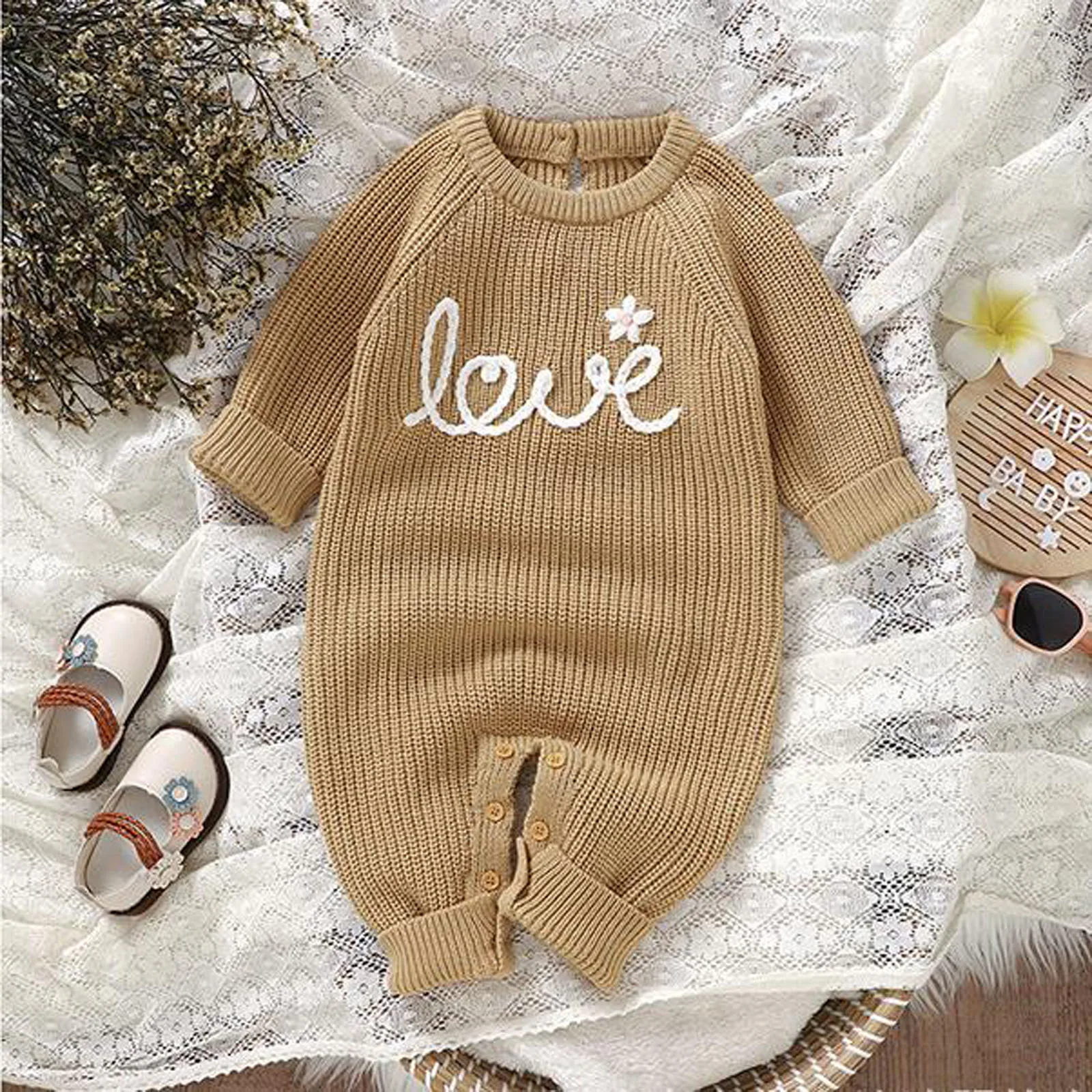 Newborn Baby Knit Sweater Romper Winter Warm Letter Floral Embroidery Girls Boys Jumpsuits Long Sleeve Infant Clothes Knitwears