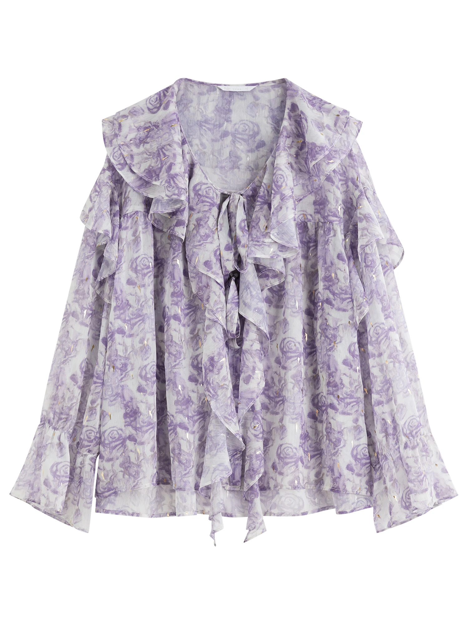 FSLE Franse Rose Ruffle Kraag Shirt Dames 2025, Zomer Nieuwe Commuter Top met lange mouwen 25FS12769