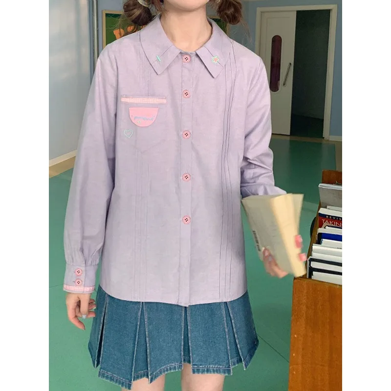 QWEEK Sweet Preppy Shirts Japanese Casual Youth Women's Blouses Pretty Solid Color Long Sleeve Embroidery Button Up Cute Clothes