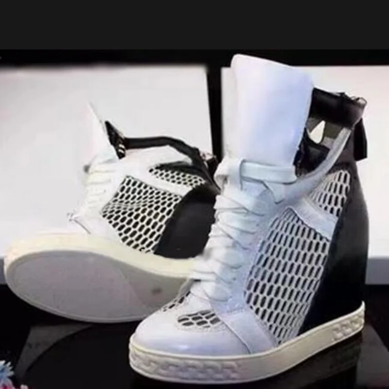 

Black White Patchwork Height Increasing Ankle Boots Breathable Hollow Mesh Sneakers 8cm Wedge Heel Leisure Outside Shoes