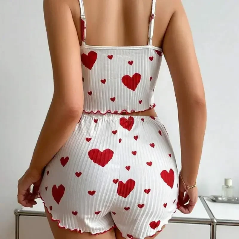 Women's Pajamas Set Sleepwear 2pcs Short Tank Tops And Shorts M L XL White Ventilate Soft Casual Love Printing